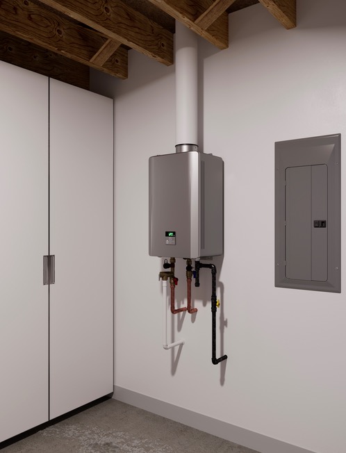tankless water heater installed on a residential wall